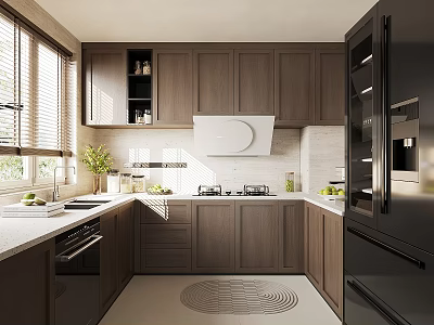 Modern Kitchen Interior With Dark Wooden Cabinets White Countertops Black Refrigerator And White Range Hood 3d model