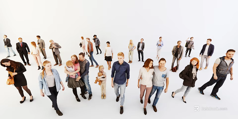 Diverse Group of People Walking Together in Casual Attire on White Background 3d model 
