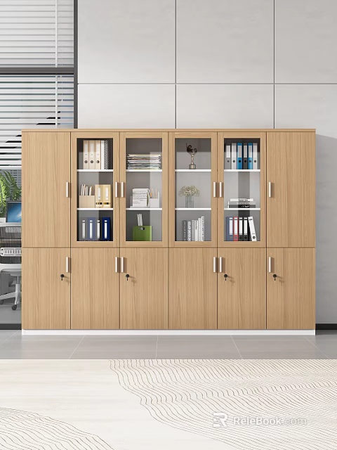 Modern Office Wooden Cabinet With Files Books And Storage Compartments 3d model 