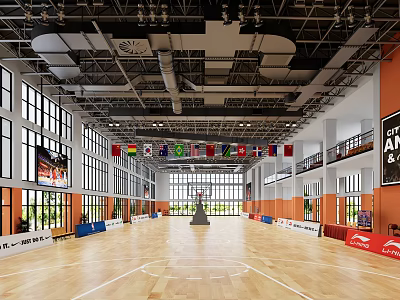 Spacious Basketball Gym With Wooden Floor Flags And Industrial Ceiling 3d model