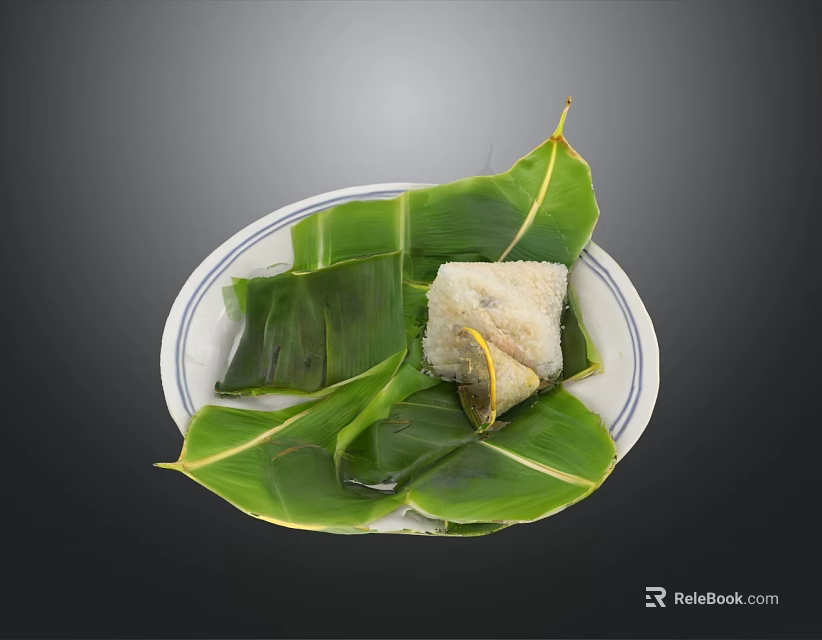 Traditional Glutinous Rice Dumpling Wrapped In Green Bamboo Leaves On White Plate 3d model 