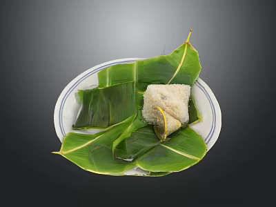 Traditional Glutinous Rice Dumpling Wrapped In Green Bamboo Leaves On White Plate 3d model