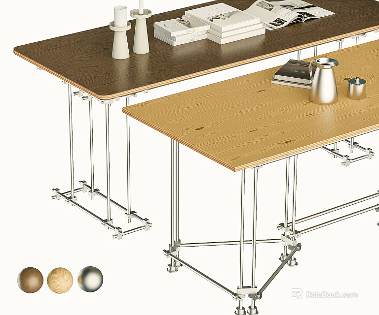 Modern Office Desks With Wooden Tabletop Silver Metal Legs White Cups Books And Metal Kettle 3d model 