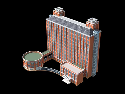 Red Brick Multi Story Building With Symmetric Towers Circular Annex And Glass Corridor 3d model