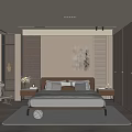Modern Bedroom Interior Design With Wooden Bed Frame Abstract Wall Art And Light Rug