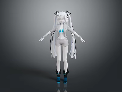 Anime Character Design With Long White Hair Twin Ponytails Strappy White Outfit And Blue Shoes 3d model
