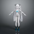 Anime Character Design With Long White Hair Twin Ponytails Strappy White Outfit And Blue Shoes