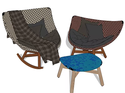 Two Woven Leisure Chairs with Rocking Design Plaid Blanket and Blue Wooden Stool 3d model