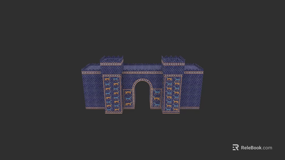 Ornate Ancient Style Archway With Blue Brick Decor And Symmetrical Towers 3d model 
