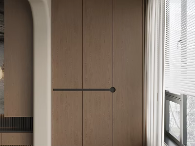 Wooden Locker Design With Sliding Doors And Curtain Near Window 3d model