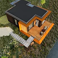 Modern House Exterior With Orange Perforated Wood Accent Wall Garden Stone Pathway And Surrounding Trees