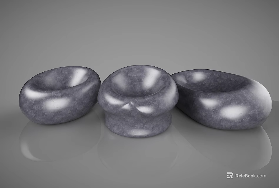 Three Modern Gray Round Single Sofa With Shiny Surface On Sleek Floor 3d model 
