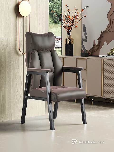 Modern Leather Office Chair With Padded High Back And Black Metal Armrests 3d model 