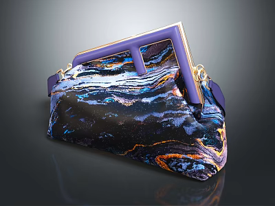 Colorful Marble Pattern Clutch Bag With Purple Metal Frame And Vibrant Blue Orange Texture Design 3d model