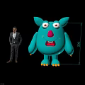 Man In Suit And Blue Cartoon Monster Standing With Big Eyes Red Nose Orange Paws