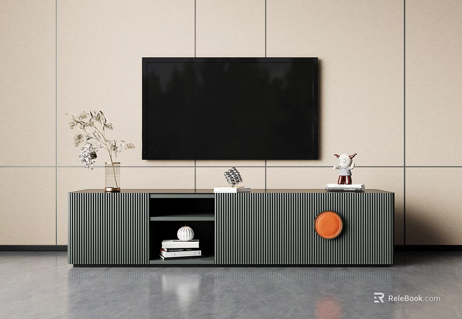 Modern Striped TV Stand With Wall Mounted TV And Decorative Ornaments 3d model 