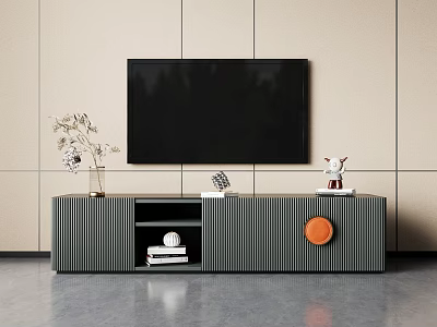 Modern Striped TV Stand With Wall Mounted TV And Decorative Ornaments 3d model