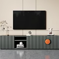 Modern Striped TV Stand With Wall Mounted TV And Decorative Ornaments