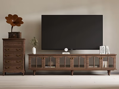 Classic Wooden TV Stand With Glass Doors And Decorative Items Like Books Clock And Plant 3d model