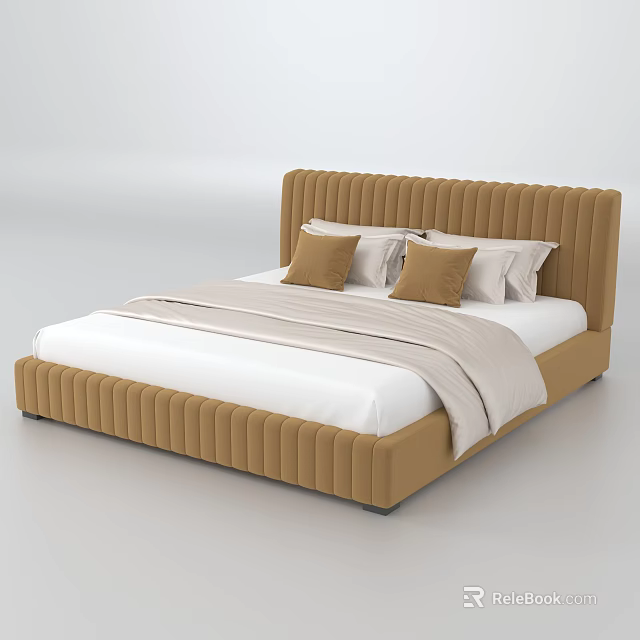 Modern Brown Double Bed With Vertical Tufted Headboard And White Bedding 3d model