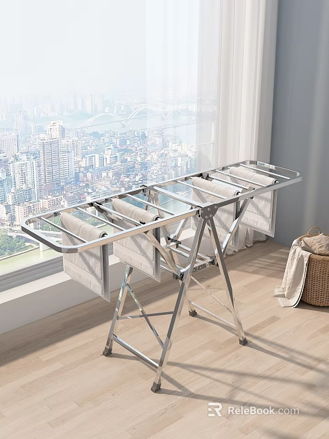Stainless Steel Drying Rack With Multiple Rods And Towels By Window 3d model 