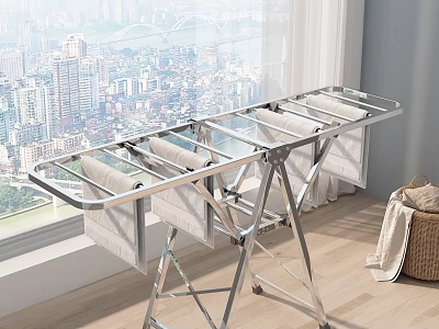 Stainless Steel Drying Rack With Multiple Rods And Towels By Window 3d model