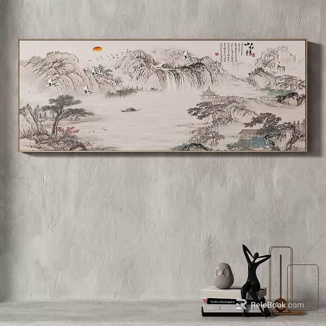 Traditional Chinese Landscape Painting With Mountains Sun Water Boats Trees And Pavilion Calligraphy 3d model 