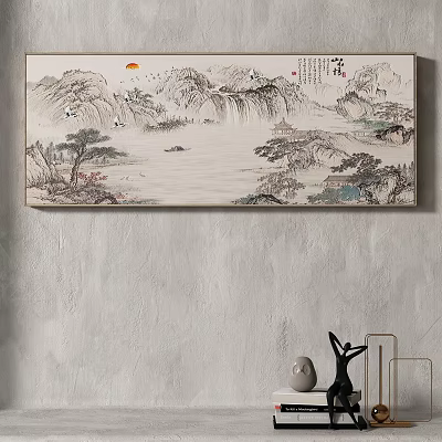 Traditional Chinese Landscape Painting With Mountains Sun Water Boats Trees And Pavilion Calligraphy 3d model