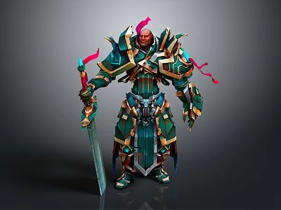 Game And Movie Character In Green And Gold Armor Holding Long Sword With Red Ribbons 3d model