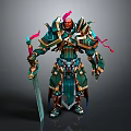 Game And Movie Character In Green And Gold Armor Holding Long Sword With Red Ribbons
