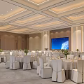 Elegant Spacious Modern Banquet Hall With Neat Dining Sets And Warm Ceiling Lighting For Events