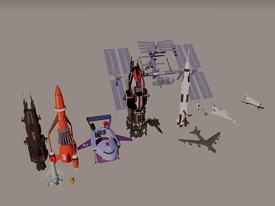 Various Space Rockets Satellites And Aircraft Models On 3d model