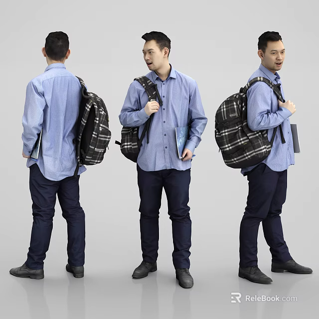 Man in Blue Striped Shirt Carrying Black Plaid Backpack Holding Books and Different Angles 3d model 