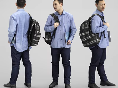 Man in Blue Striped Shirt Carrying Black Plaid Backpack Holding Books and Different Angles 3d model