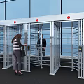 Public Facility Security Turnstile Gates With Decorative Fence And People Passing Through