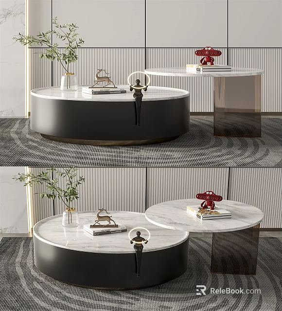 Modern Round Coffee Table With Marble Top Gold Frame And Decorative Items 3d model