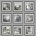 Traditional Chinese Landscape Paintings Framed Wall Art Hanging In Grid Arrangement