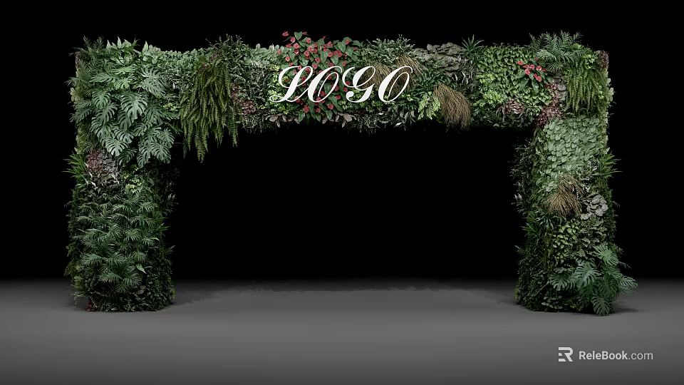 Decorated Event Entrance With Lush Green Plants Flowers And Central Logo 3d model 
