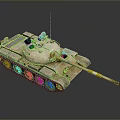 Sand Colored Military Tank With Turret Cannon Tracks Antenna And Yellow White Stripes