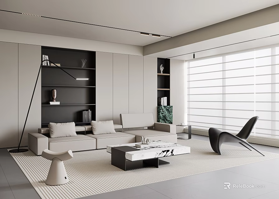 Modern Living Room Interior With Light Gray Sofa Black Floor Lamp And Large Window Blinds 3d model 