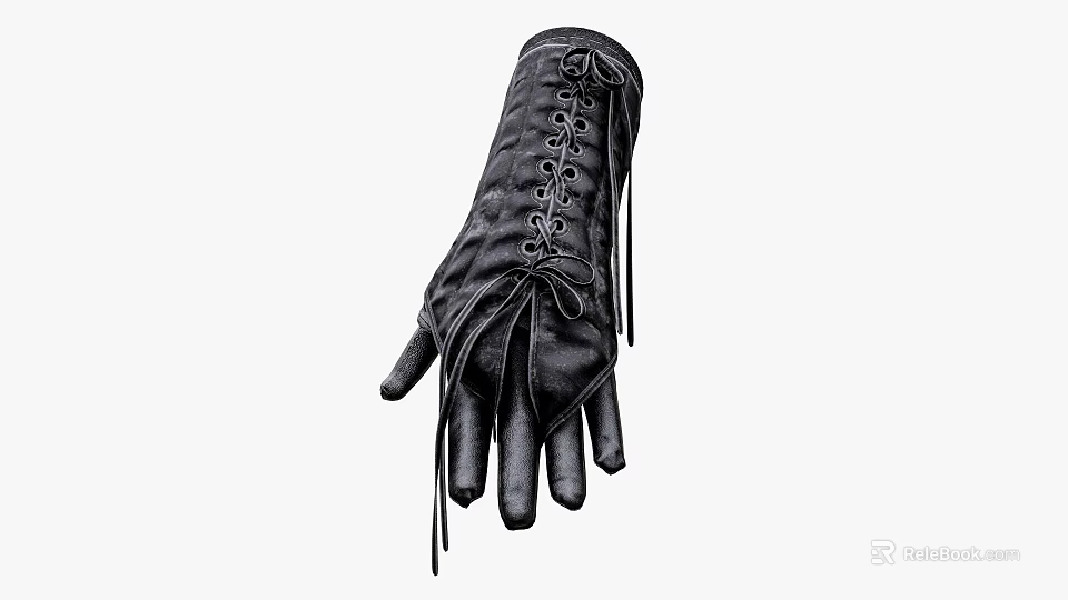 Classic Black Leather Long Gloves With Stylish Lace Up Design And Hanging Tassels 3d model 