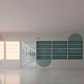 Modern Exhibition Hall Interior With Large Windows Display Shelves And Reception Desk
