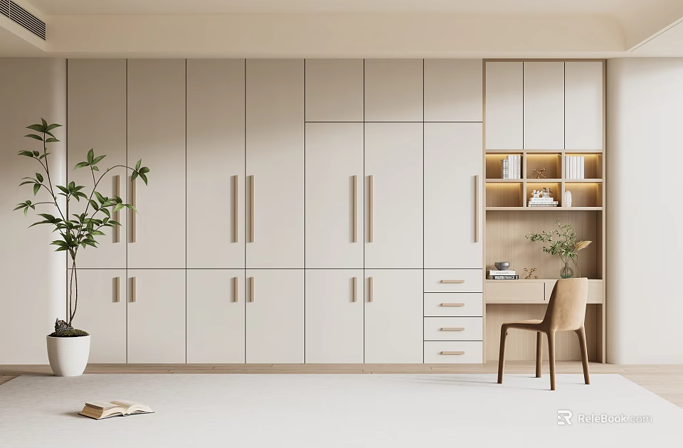Modern Light Colored Wardrobe With Wooden Handles And Integrated Bookshelf Desk Area 3d model 