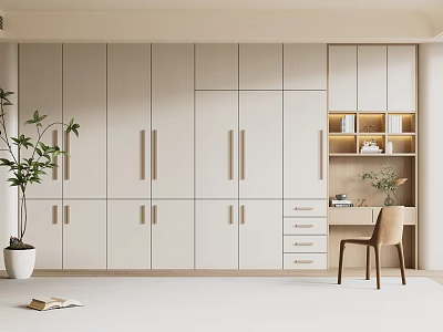 Modern Light Colored Wardrobe With Wooden Handles And Integrated Bookshelf Desk Area 3d model