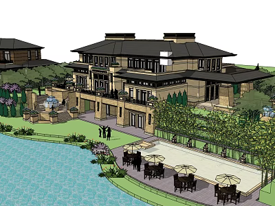 Luxury Lakefront Residence With Outdoor Terrace Garden And Seating Area With Umbrellas Greenery And Fountain 3d model