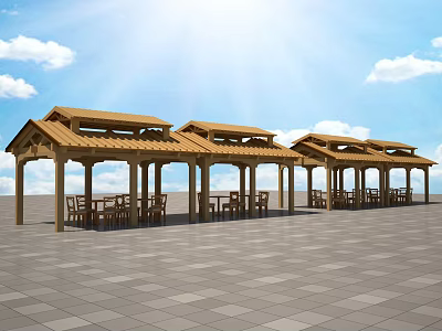 Outdoor Connected Wooden Pavilions With Tables Chairs On Gray Tiled Floor Under Blue Sky Sunlight 3d model