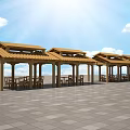 Outdoor Connected Wooden Pavilions With Tables Chairs On Gray Tiled Floor Under Blue Sky Sunlight