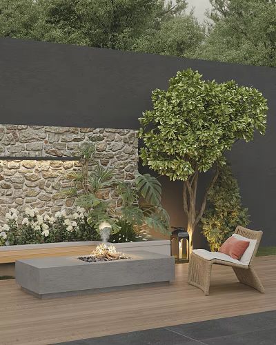Courtyard Garden With Stone Wall Lush Tree Fire Pit White Flowers Lantern And Outdoor Seating 3d model
