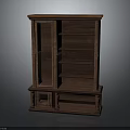 Vintage Wooden Display Cabinet With Green Glass Door And Multiple Wooden Shelves