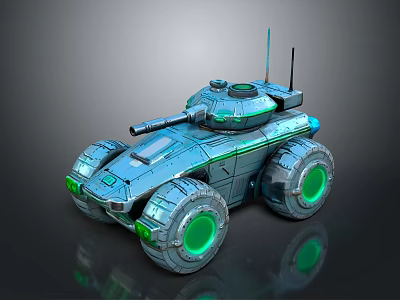 Futuristic Armored Military Vehicle Design with Turret Antenna Large Wheels and Green Accents 3d model